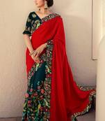 Red embroidered silk saree with blouse