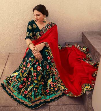 Red embroidered silk saree with blouse 2