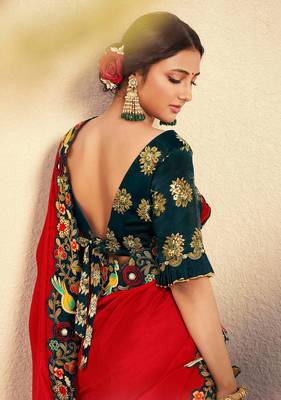 Red embroidered silk saree with blouse 4