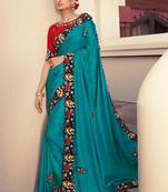 Turquoise embroidered silk saree with blouse