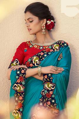 Turquoise embroidered silk saree with blouse 2