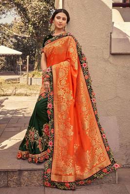 Orange embroidered silk saree with blouse 1