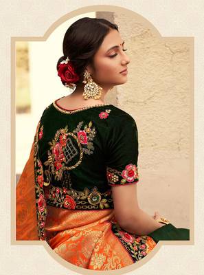 Orange embroidered silk saree with blouse 3