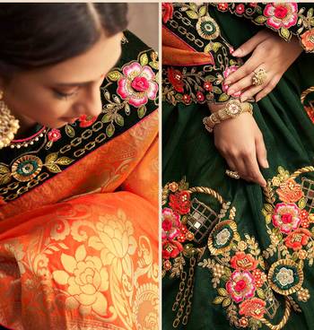 Orange embroidered silk saree with blouse 4