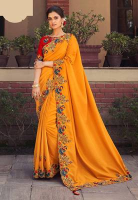 Orange embroidered silk saree with blouse 1