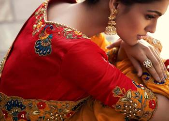 Orange embroidered silk saree with blouse 2