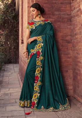 Dark teal embroidered silk saree with blouse 1