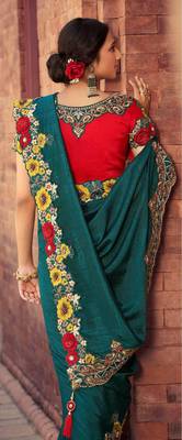 Dark teal embroidered silk saree with blouse 2
