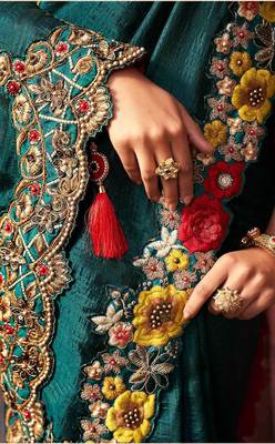 Dark teal embroidered silk saree with blouse 3