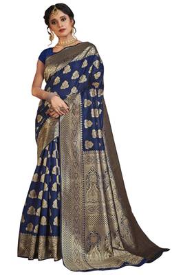 Blue woven cotton silk saree with blouse 1