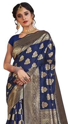 Blue woven cotton silk saree with blouse 2