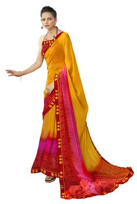 Yellow printed pure georgette saree with blouse 1