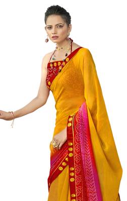 Yellow printed pure georgette saree with blouse 2