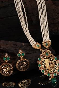 Gold plated Green  Stone Studded  Necklace Set