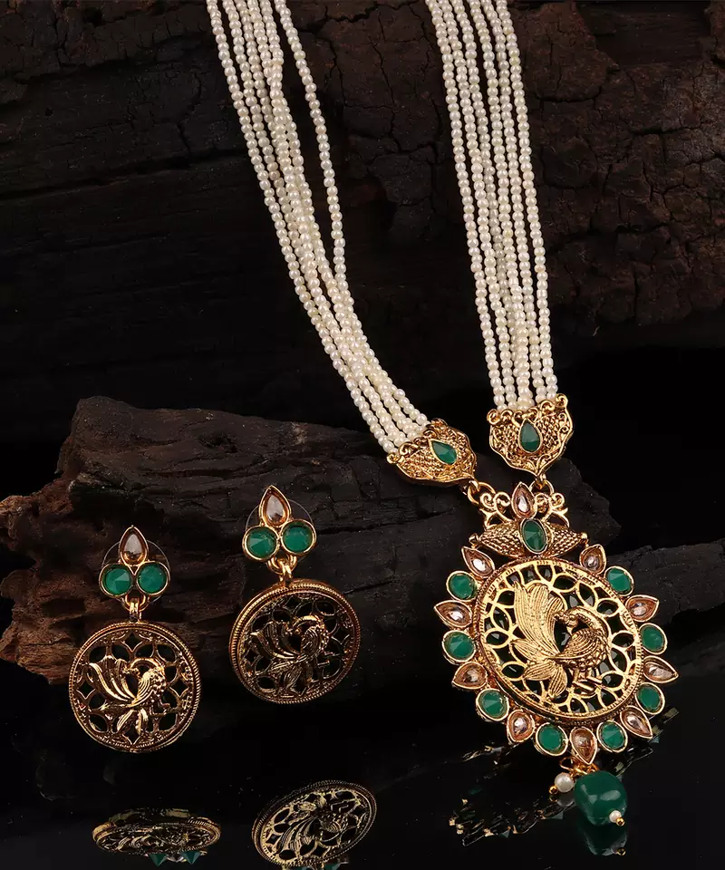 Gold plated Green  Stone Studded  Necklace Set