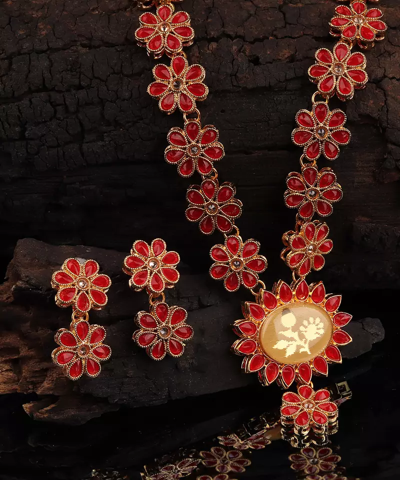 Red Gold plated Stone Studded  Necklace Set