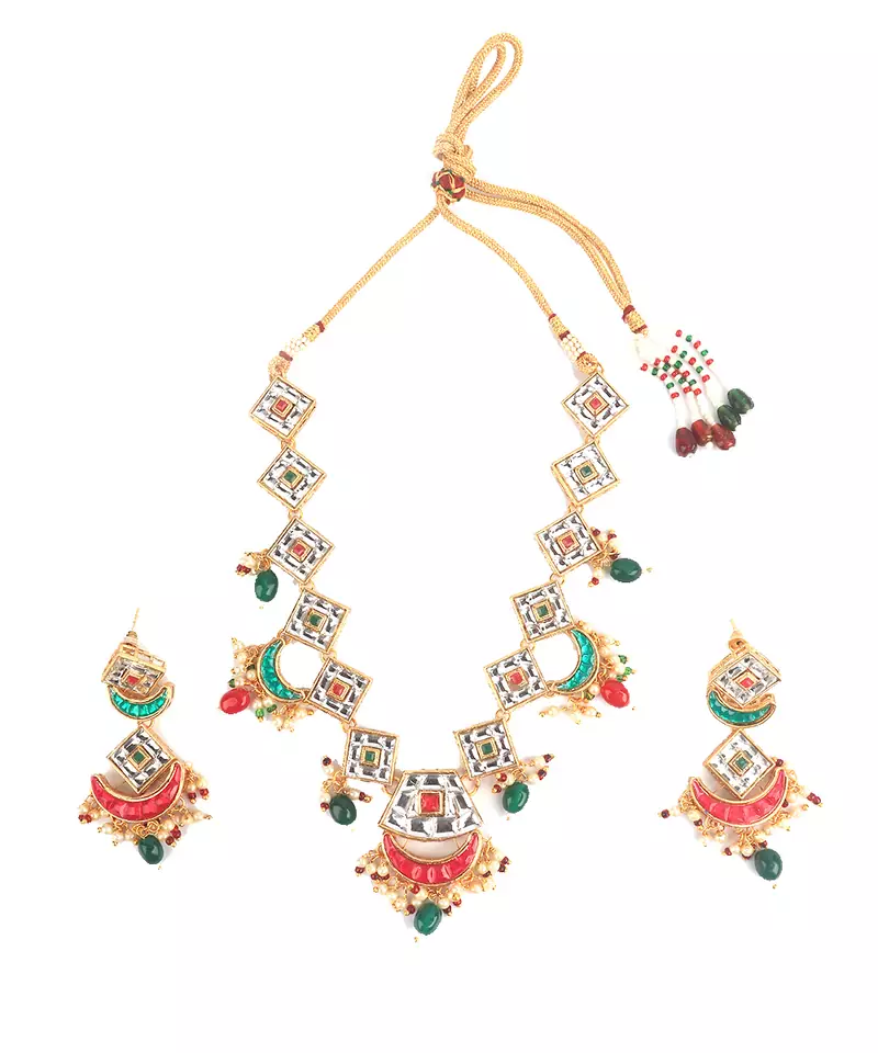 Multicolor Gold plated Stone Studded  Necklace Set