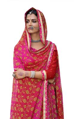 Pink printed pure georgette saree with blouse 2