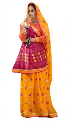 Yellow printed pure georgette saree with blouse 1