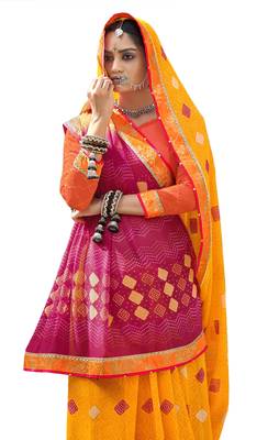 Yellow printed pure georgette saree with blouse 2