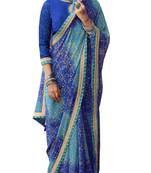 Blue printed pure georgette saree with blouse