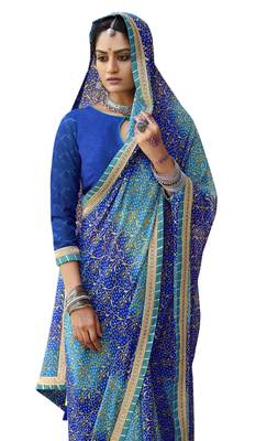 Blue printed pure georgette saree with blouse 2