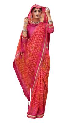 Pink printed pure georgette saree with blouse 1
