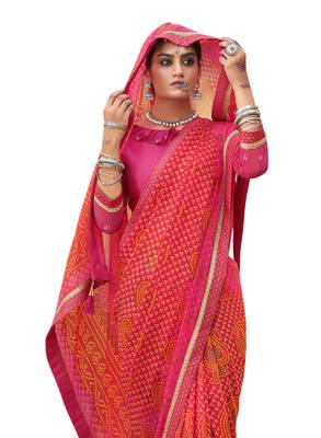 Pink printed pure georgette saree with blouse 2