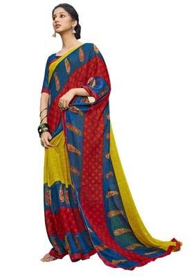 Yellow printed georgette saree with blouse 1