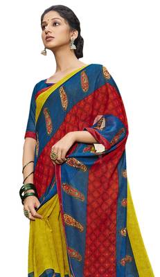 Yellow printed georgette saree with blouse 2