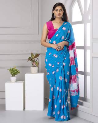 Blue plain cotton saree with blouse 1