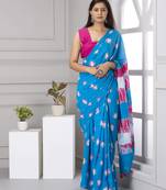Blue plain cotton saree with blouse