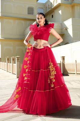 Red embroidered net semi stitched lehenga 1