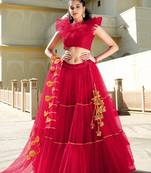 Red embroidered net semi stitched lehenga