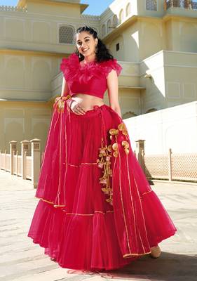 Red embroidered net semi stitched lehenga 2