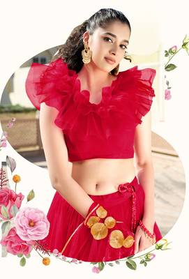 Red embroidered net semi stitched lehenga 3