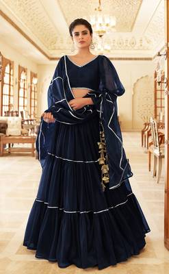 Navy-blue embroidered net semi stitched lehenga 1