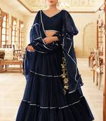 Navy-blue embroidered net semi stitched lehenga
