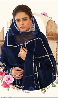Navy-blue embroidered net semi stitched lehenga 4