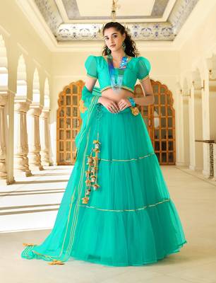 Green embroidered net semi stitched lehenga 1