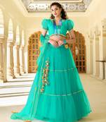Green embroidered net semi stitched lehenga