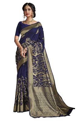 Navy blue woven pure silk saree with blouse 1
