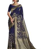 Navy blue woven pure silk saree with blouse