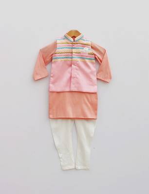 Baby Pink Embroidery Jacket with Peach Kurta and Pant 1