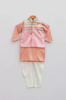 Baby Pink Embroidery Jacket with Peach Kurta and Pant