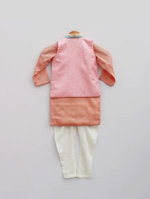 Baby Pink Embroidery Jacket with Peach Kurta and Pant 2