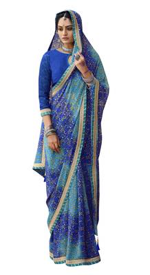 Blue printed pure georgette saree with blouse 1