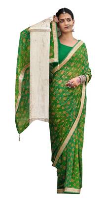 Green printed pure georgette saree with blouse 1