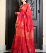 Red woven blended cotton saree with blouse
