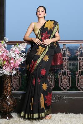 Black woven blended cotton saree with blouse 1